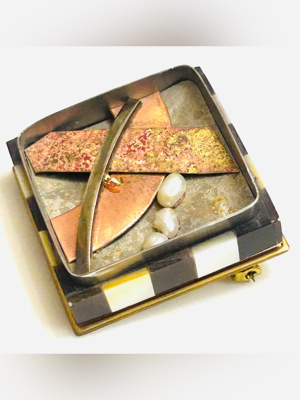 Handcrafted Mixed-Metal Square Brooch with Pearl Accents - Multicolor by Jo Mars